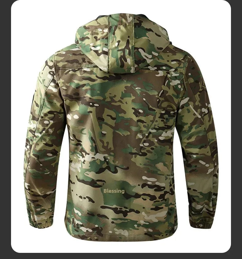 Men's Outdoor Workwear Camouflage Skin Jacket Set Spring Autumn Elastic Wear Resistant Training Clothes with Hood for Climbing