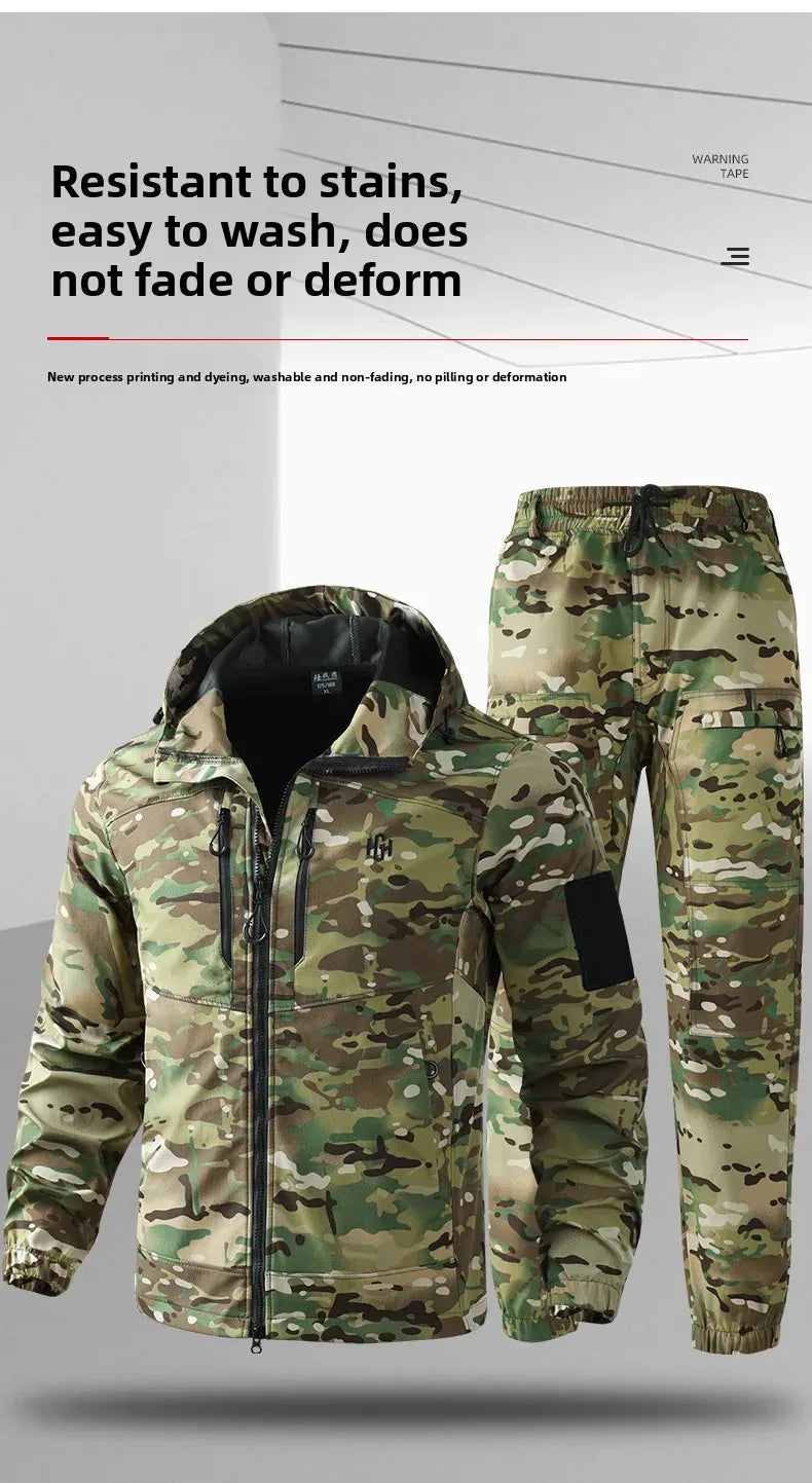 Men's Outdoor Workwear Camouflage Skin Jacket Set Spring Autumn Elastic Wear Resistant Training Clothes with Hood for Climbing