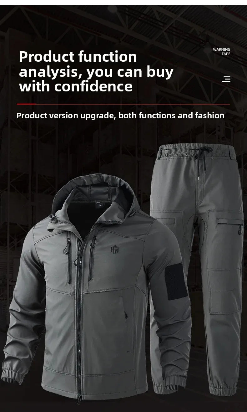 Men's Outdoor Workwear Camouflage Skin Jacket Set Spring Autumn Elastic Wear Resistant Training Clothes with Hood for Climbing