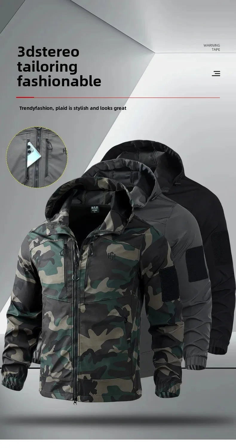 Men's Outdoor Workwear Camouflage Skin Jacket Set Spring Autumn Elastic Wear Resistant Training Clothes with Hood for Climbing