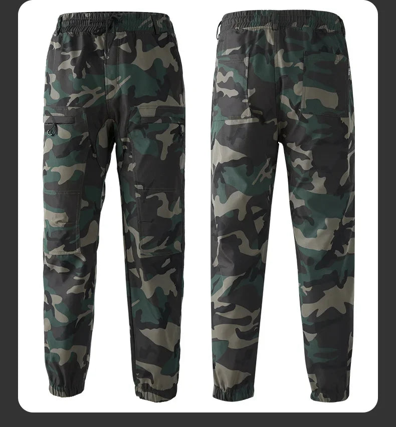 Men's Outdoor Workwear Camouflage Skin Jacket Set Spring Autumn Elastic Wear Resistant Training Clothes with Hood for Climbing