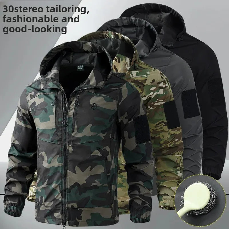 Men's Outdoor Workwear Camouflage Skin Jacket Set Spring Autumn Elastic Wear Resistant Training Clothes with Hood for Climbing