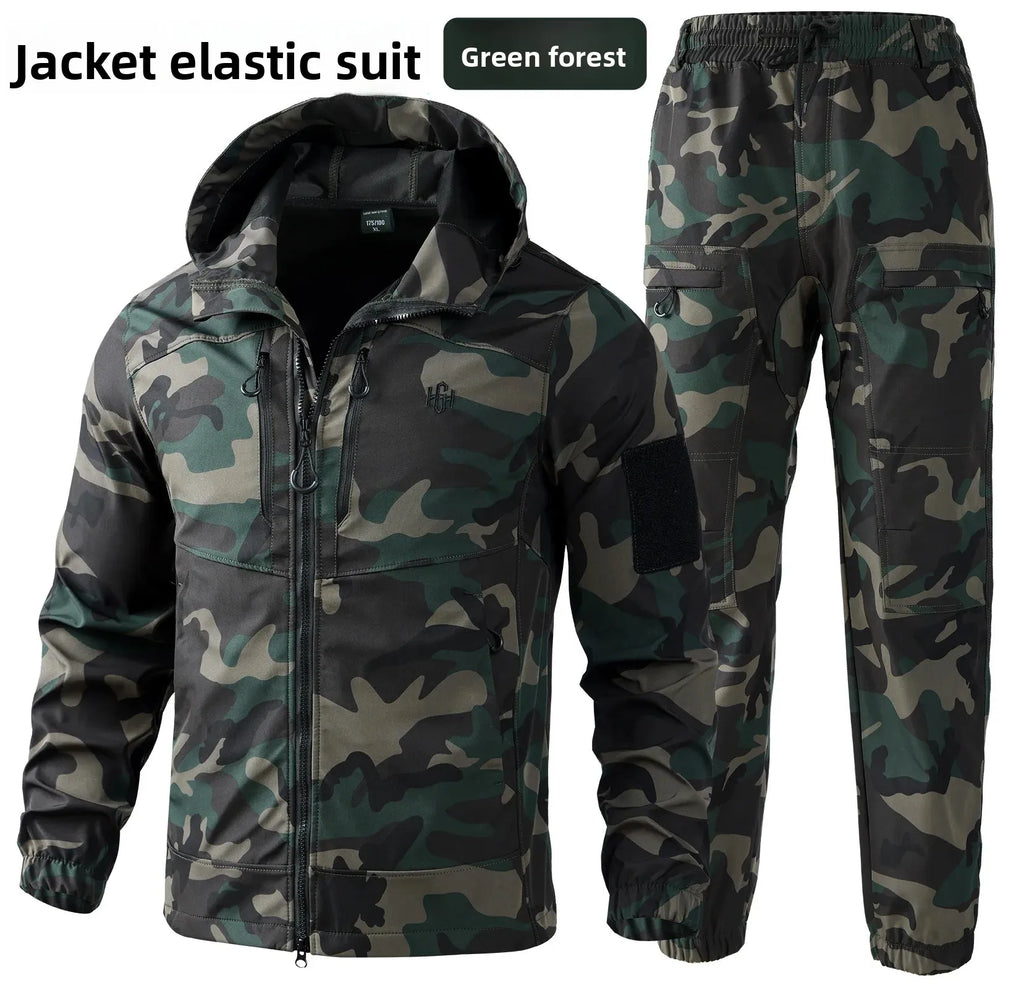Men's Outdoor Workwear Camouflage Skin Jacket Set Spring Autumn Elastic Wear Resistant Training Clothes with Hood for Climbing