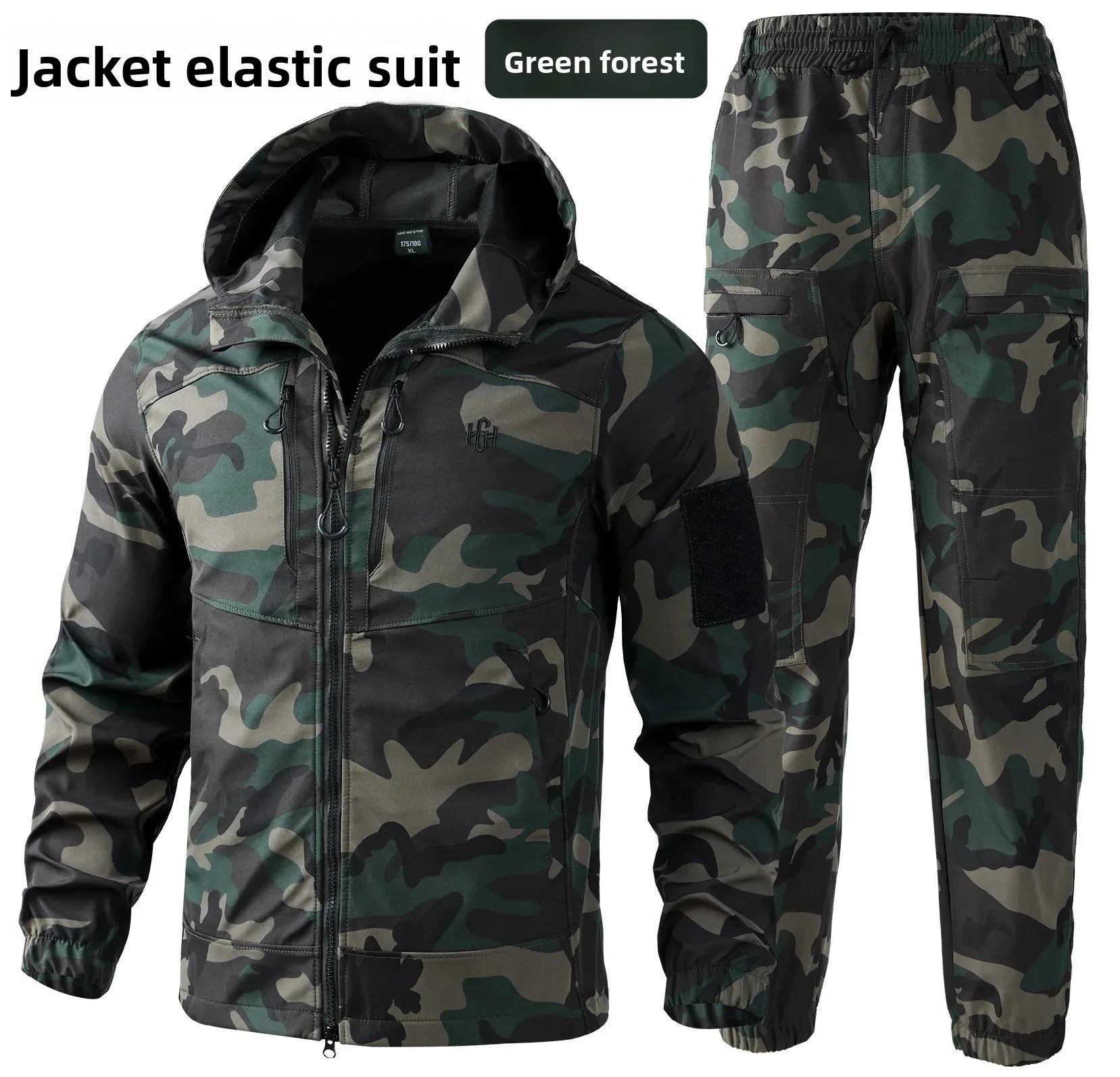 Men's Outdoor Workwear Camouflage Skin Jacket Set Spring Autumn Elastic Wear Resistant Training Clothes with Hood for Climbing
