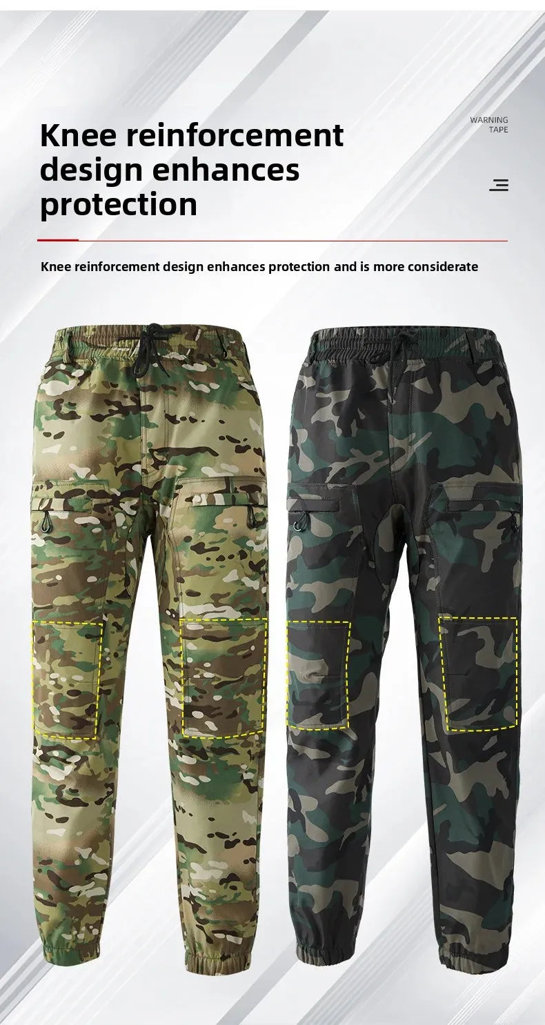 Men's Outdoor Workwear Camouflage Skin Jacket Set Spring Autumn Elastic Wear Resistant Training Clothes with Hood for Climbing