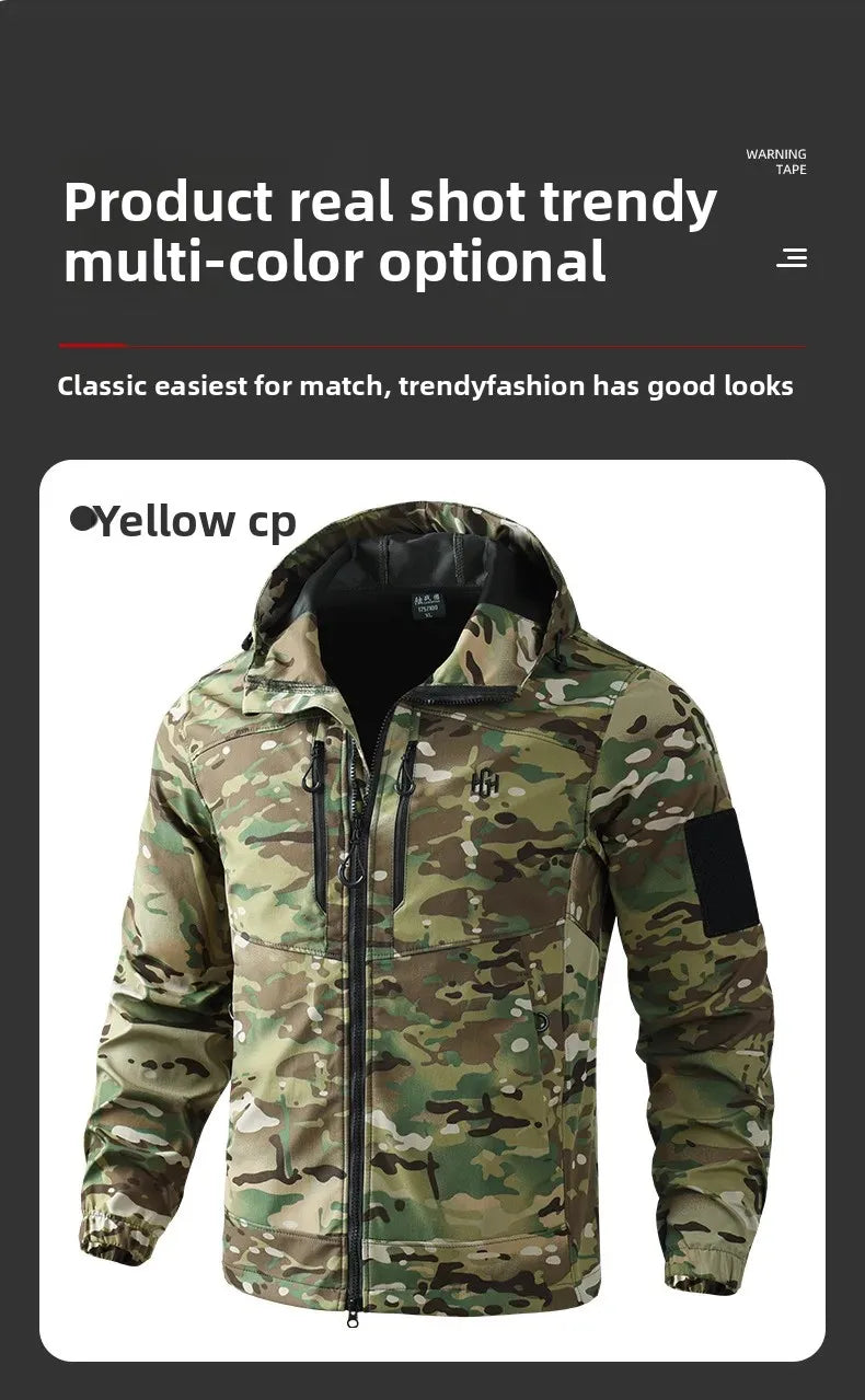Men's Outdoor Workwear Camouflage Skin Jacket Set Spring Autumn Elastic Wear Resistant Training Clothes with Hood for Climbing