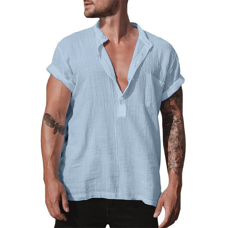 Men's Summer Linen Short Sleeve Shirt with Pocket