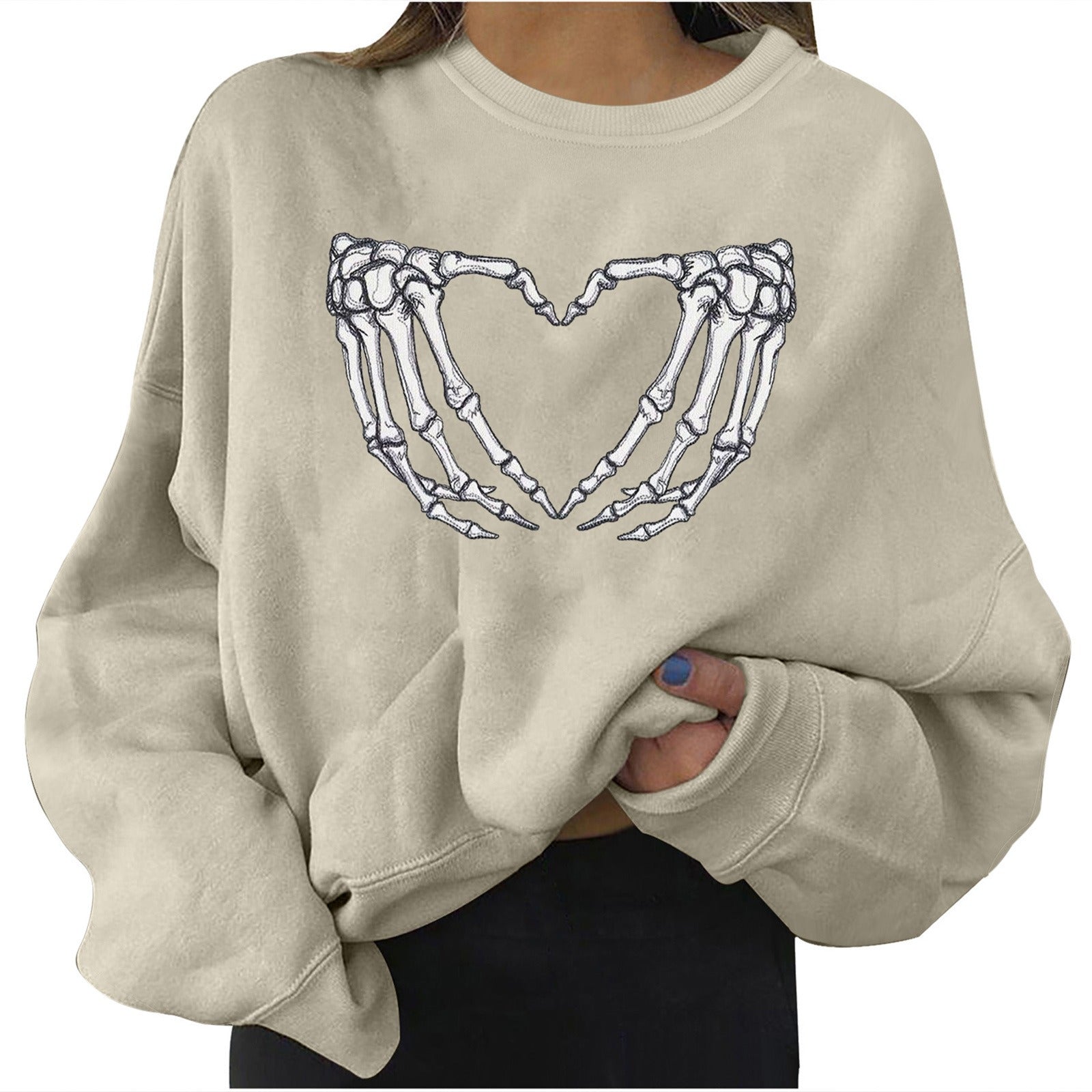 Skull Print Long Sleeve Pullover Sweatshirt for Women
