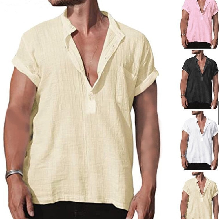 Men's Summer Linen Short Sleeve Shirt with Pocket